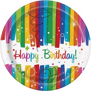 8 assiettes rondes 7po rubans arc-en-ciel happy birthday