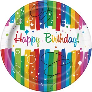 8 assiettes rondes 9po rubans arc-en-ciel happy birthday