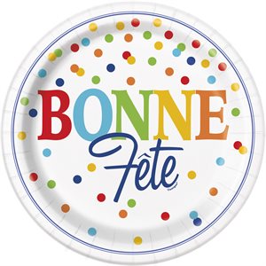 8 assiettes rondes 9po pois arc-en-ciel bonne fête