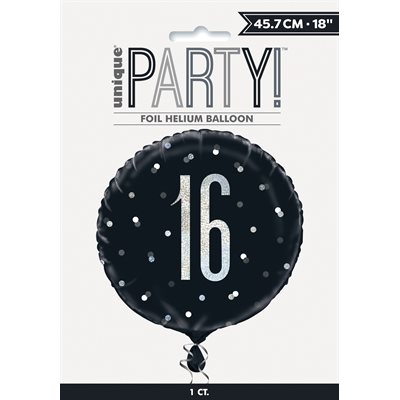 16th b-day silver & black std foil balloon