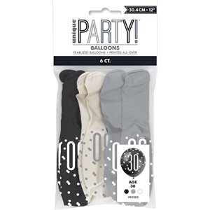 6 ballons en latex 12po 30 ans argent, blanc & noir