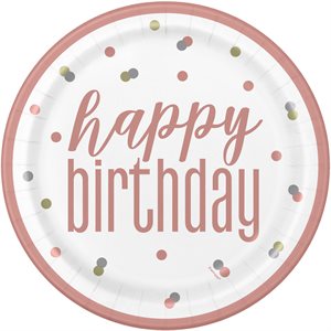 8 assiettes 9po "happy birthday" rose doré & blanc