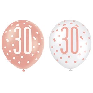 6 ballons en latex 12po 30 ans rose doré & blanc