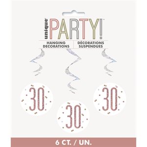 6 décorations en tourbillons 30 ans rose doré & blanc