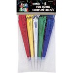 Assorted coloured foil fringed horns 5pcs