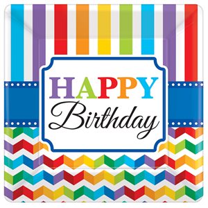 8 assiettes carrées 7po happy birthday arc-en-ciel