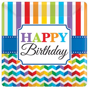 8 assiettes carrées 10po happy birthday arc-en-ciel