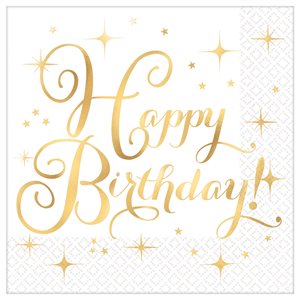 16 serviettes à repas happy birthday doré