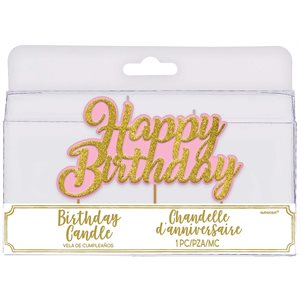 Chandelle rose & doré brillante "happy birthday"