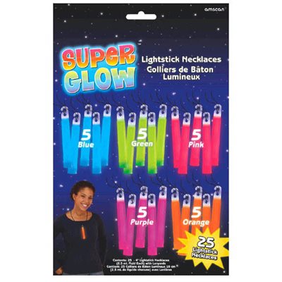 Multicoloured glow stick necklaces 4in 25pcs