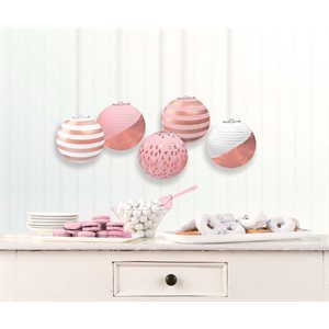 5 lanternes en papier 5po blanc & rose métallique